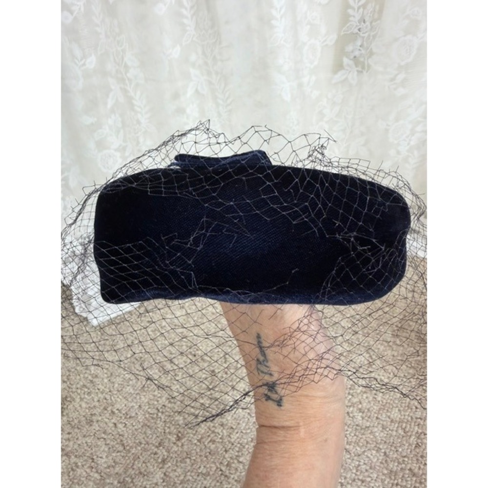 Vintage Navy Blue Velvet Pillbox Hat with Bow and Birdcage Veil Union Made